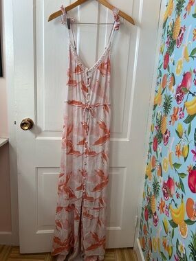 Roxy Coral and White Tie-Shoulder Maxi Dress